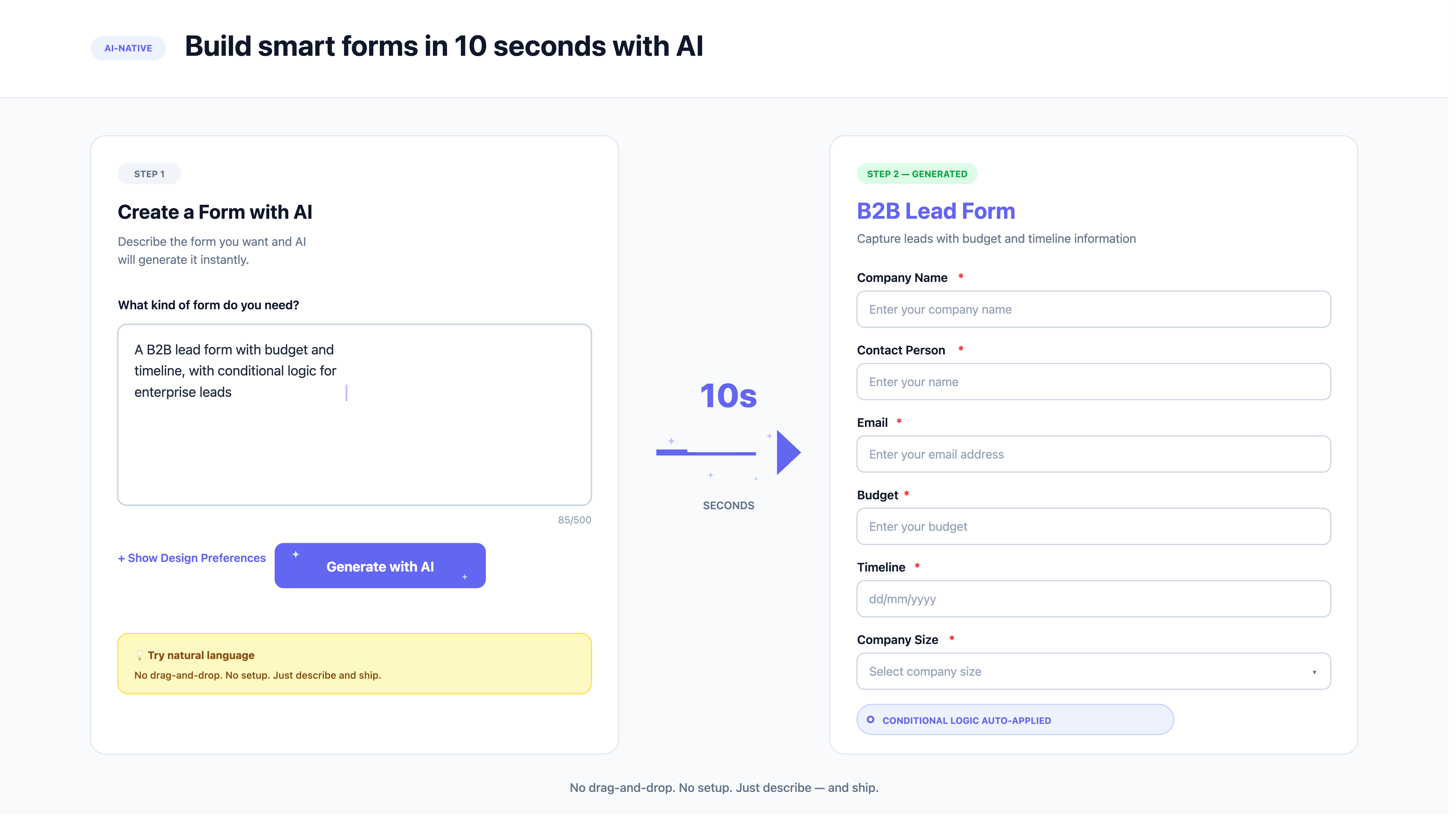 ContentFlashAI AI form generation — describe your form and it's built in 10 seconds