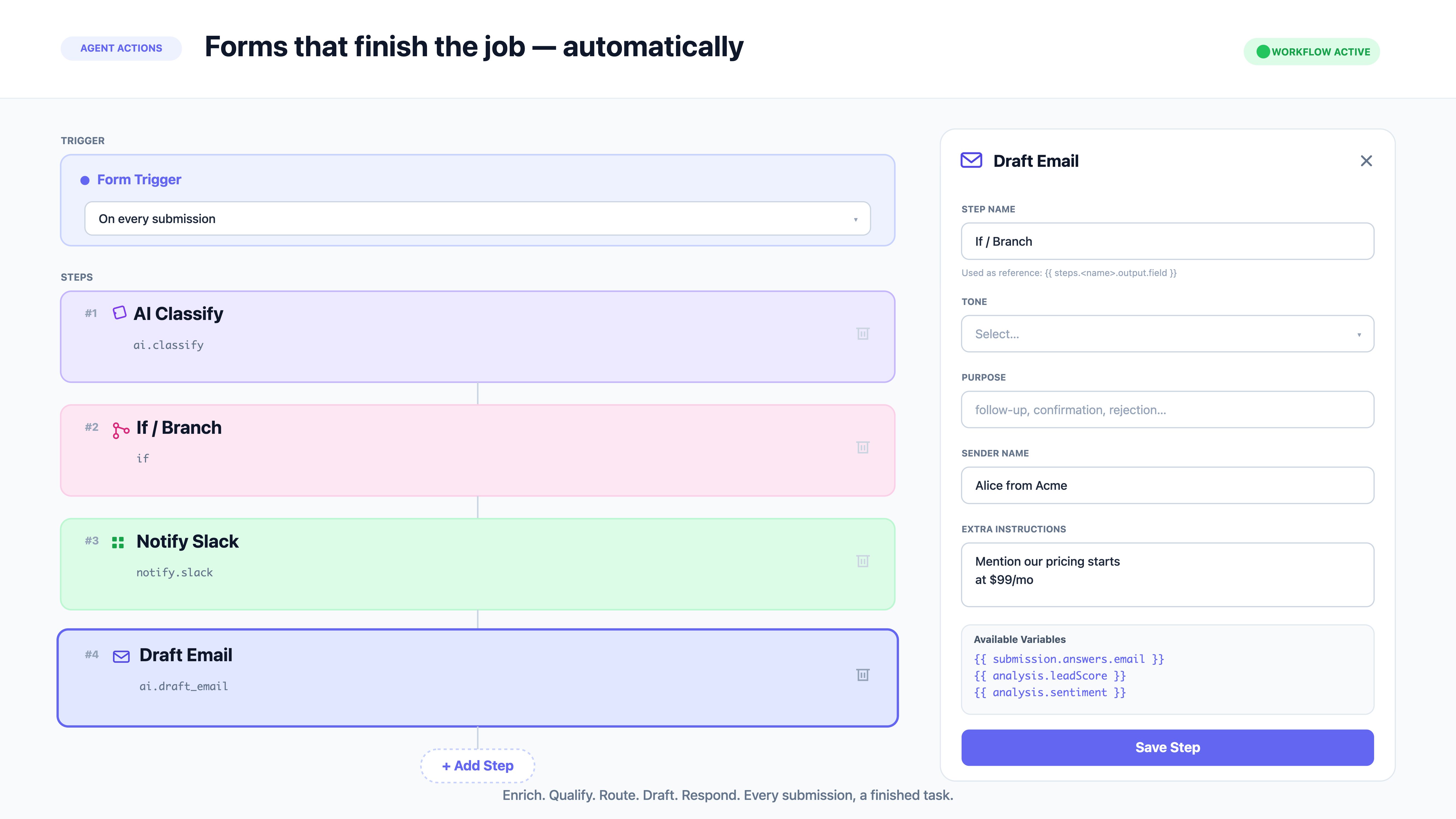 ContentFlashAI Agent Actions — workflow builder that triggers on every submission to classify, route, notify, and draft emails