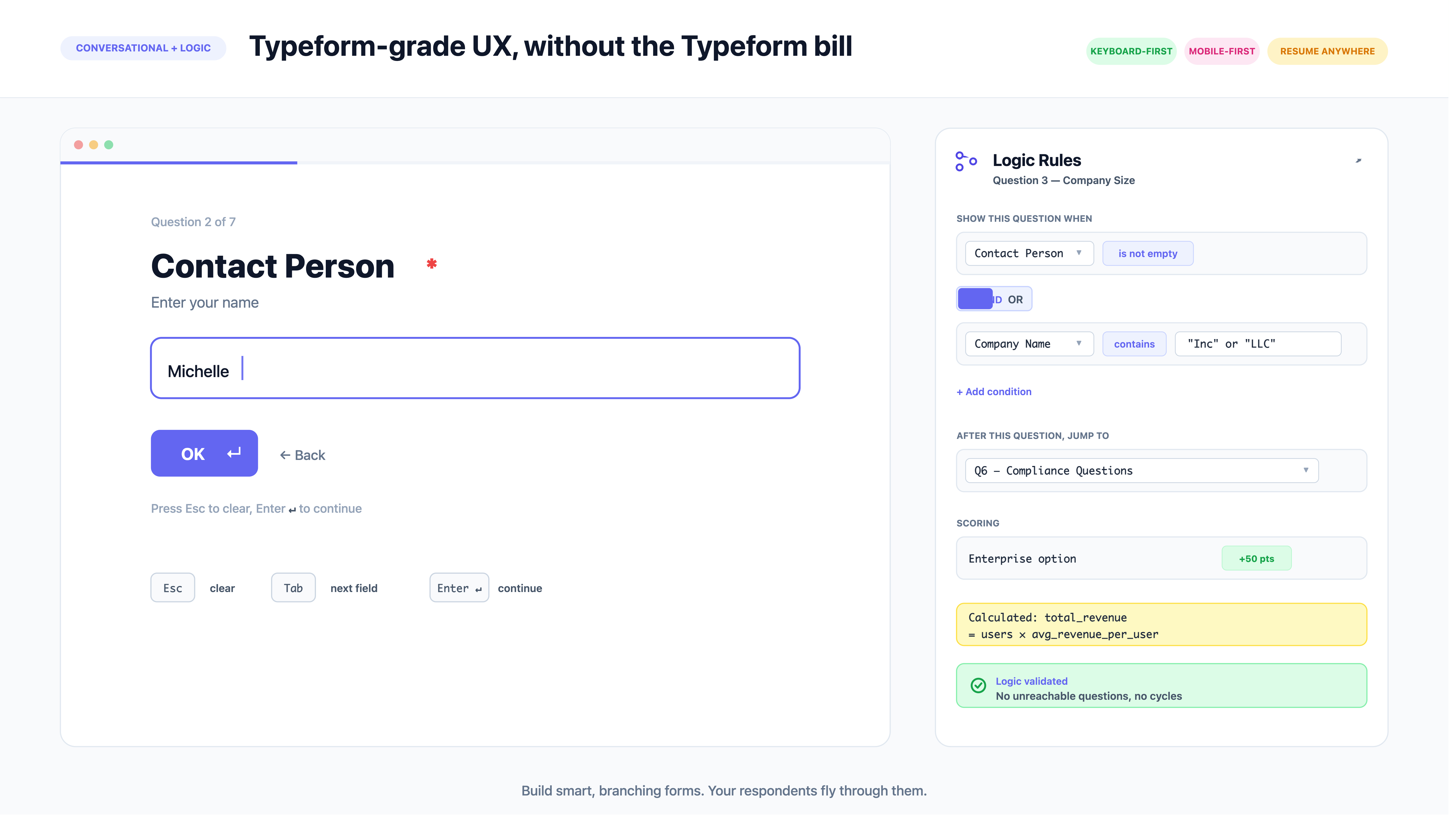 ContentFlashAI conversational forms with conditional logic — keyboard-first, mobile-first, Typeform-grade UX